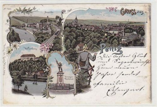 Penig Lithographie Penig. Amerika Gesamtansicht Wolkenburg Kriegerdenkmal gelaufen am 31.12.1899. Rechter Rand leicht oxydiert, leichte Eckabschürfungen, kleiner Knick rechts unten, sonst gut erhalten