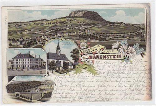 Bärenstein Lithographie Bärenstein bei Annaberg im Erzgebirge. Gasthof Sächsisches Haus Kirche Eisenbahnbrücke im Grundthale gelaufen am 29.06.1898. Rand leicht oxydiert, Eckbug unten links, leichter Bug am linken Rand in der Mitte, sonst gut erhalten