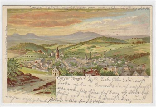 Geyer Lithographie Totalansicht von Geyer im Erzgebirge gelaufen am 09.10.1901. Leichter Bug von der Kartenmitte bis ins rechte untere Eck, sonst gut erhalten