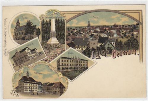 Lithographie Oederan. Kirche Eisenbahn - Unglückdenkmal Totalansicht Bahnhof Schule Rathaus. Ungelaufen, Gute Erhaltung.