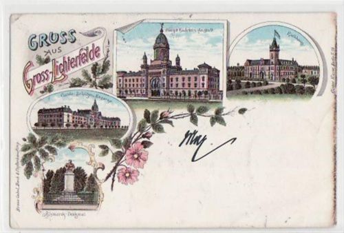 Berlin Steglitz, Lichterfelde, Lithographie mit 4 Abbildungen gelaufen von 1897 kleiner Knick oben und unten links, leicht bügig, Oxydationsspuren rechter Rand, sonst gut erhalten
