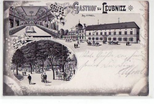 Werdau Werdau, Lithographie mit 3 Abbildungen v. Gasthof zu Leubnitz gelaufen von 1908. Ecken mit Albumabdrücken, Oxydationsspuren an den Rändern, sonst gut erhalten