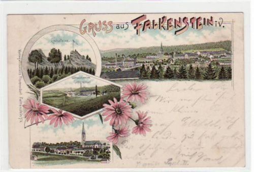 Falkenstein Falkenstein, Lithographie mit 4 Abbildungen gelaufen von 1896, Zug Nr. 511. Ecken mit Albumabdrücken, kleiner Knick unten rechts, sonst gut erhalten
