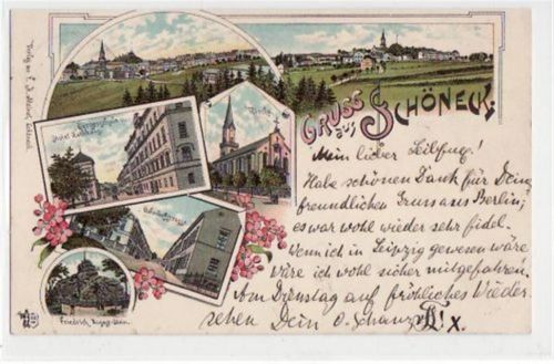 Schöneck Schöneck, Lithographie mit Bahnhofstrasse, Kirche, Bürgerschule und Hotel Rathaus, Friedrich August - Stein und Totale gelaufen von 1897. Am Rand oben leicht beschnitten, leicht fleckig, sonst gut erhalten