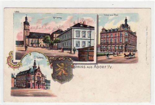 Adorf Adorf, Lithographie mit 3 Abbildungen. Karte beschrieben Leichter Bug oben und unten rechts, kleine Abschürfung Rückseite oben rechts, leicht stockfleckig, sonst gut erhalten