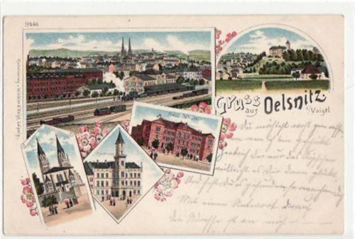 Oelsnitz Oelsnitz, Lithographie mit 5 Abbildungen. ungelaufen um 1900 Gute Erhaltung.