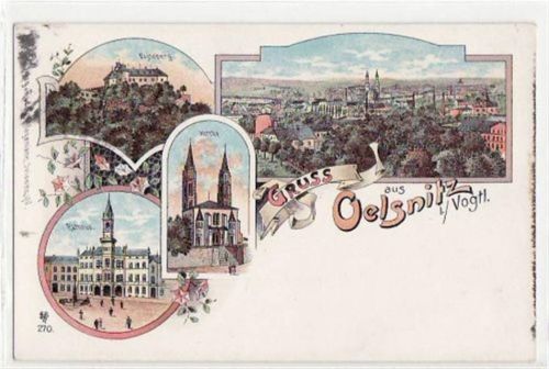 Oelsnitz Oelsnitz, Lithographie mit 4 Ansichten. ungelaufen um 1900 Leichter Bug Kartenmitte, Oxydationsspuren an den Rändern, sonst gut erhalten