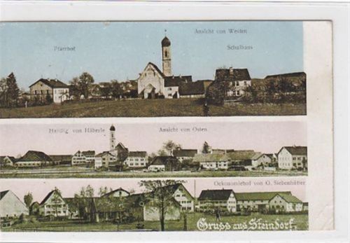 Steindorf. Kirche Pfarrhof Schulhaus Handlung von Häberle Oekonomiehof von G. Siebenhütter gelaufen am 21.09.1928 kleiner Riß obere Kante kleiner Knick an der unteren rechten Ecke leicht fleckig, sonst gut erhalten