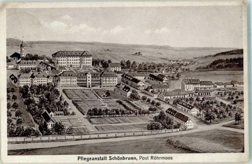 Schönbrunn / Post Röhrmoos. Pflegeanstalt. Verlag Hans Pernat gelaufen Eckbug oben links, sonst gut erhalten