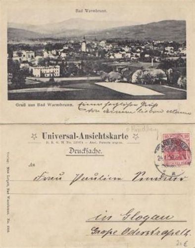 Bad Warmbrunn i. Rsgb. Universalkarte zum Aufklappen Gruß aus Bad Warmbrunn - Cieplice Slaskie-Zdrój / Kreis Hirschberg - Jelenia Góra gelaufen. Gute Erhaltung.