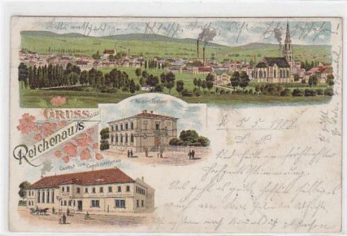 Reichenau i. Sachsen Lithographie Reichenau in Sachsen - Bogatynia / Kreis Görlitz - Zgorzelec. Kaiserl. Postamt Gasthof zum Gerichtskretscham gelaufen 1903 kleiner Knick oben links und unten rechts. Leichte Stempelspuren. Vorder- und Rückseite leicht fl