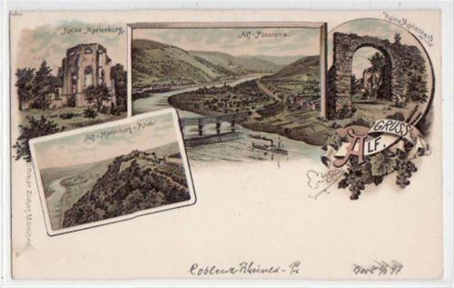 Bullay Alf a.d. Mosel, Lithographie mit 4 Abbildungen. ungelaufen handschriftliches Datum von 1897. Gute Erhaltung.