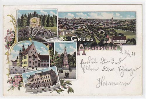 Aschersleben Lithographie Aschersleben. Bismarckstein Rathaus Krieger-Denkmal Gymnasium gelaufen 1901. Gute Erhaltung.