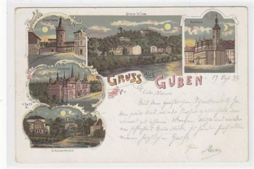 Mondschein Lithographie Guben mit Dicker Thurm, Grüne Wiese, Rathhaus, Kreishaus und Schützenhaus gelaufen 1899 kleiner Knick an der rechten oberen Ecke , sonst gut erhalten