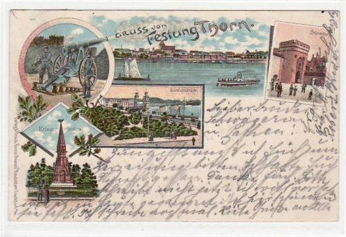 Thorn Thorn / Torun, Lithographie mit Kanone und Brückentor gelaufen, 1903. leichte Abschürfungen, sonst gut erhalten
