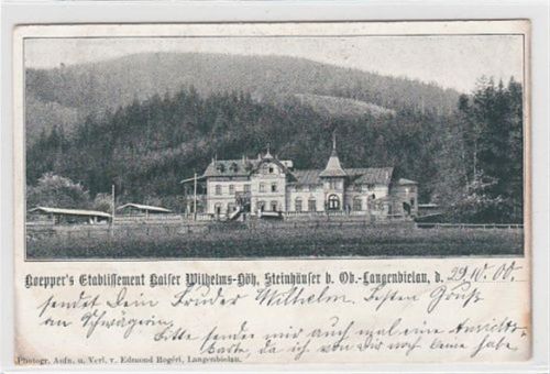 Koepper`s Etablissement Kaiser Wilhelms-Höh, Steinhäuser bei Ober-Langenbielau / Bielawa - Kreis Reichenbach / Dzierzoniów gelaufen 1900 kleiner Knick unten rechts. Oxydationsspuren. Leichte Stempelspuren, sonst gut erhalten
