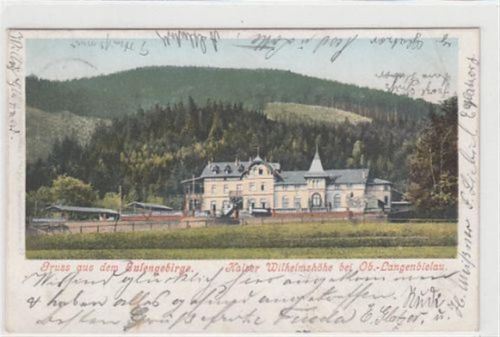 Gruss aus dem Eulengebirge. Kaiser Wilhelmshöhe bei Ober-Langenbielau / Bielawa - Kreis Reichenbach / Dzierzoniów gelaufen 1903. Leichter Stempeldurchdruck. Leicht stockfleckig, sonst gut erhalten