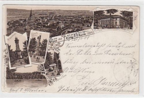 Bad Freienwalde Bad Freienwalde, Lithographie mit Kriegerdenkmal u. Kurhaus gelaufen, 1899. leichte Abschürfungen, leichter Stempeldurchdruck, leicht fleckig, sonst gut erhalten