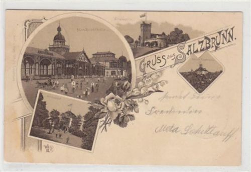 Bad Salzbrunn Lithographie Gruss aus Salzbrunn / Szczawno-Zdrój Neue Elisenhalle Wilhelmshöhe Schloss Fürstenstein Louisenhof gelaufen. Marke entfernt. leicht stockfleckig. Leichte Abdrücke an den Ecken vom Album, sonst gut erhalten