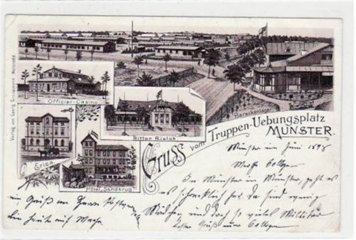 Munster Munster, Lithographie mit Truppen-übungsplatz. Officier - Casino, Ritter Risloh, Barackenlager, Erica Hotel Sandkrug gelaufen, 1898. Ecken mit Albumabdrücken, kleine Knicke, leicht fleckig, sonst gut erhalten