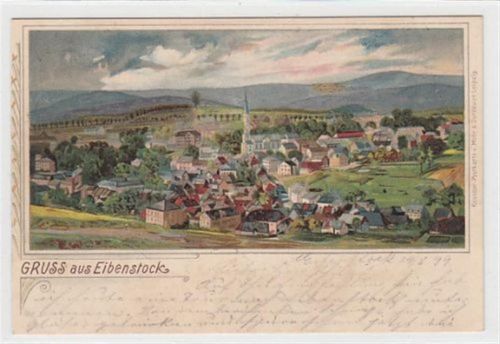 Eibenstock, Lithographie. Gesamtansicht gelaufen, 1899. Ecken mit Albumabdrücken, leicht stockfleckig, sonst gut erhalten