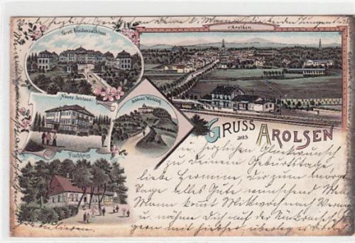 Arolsen, Lithographie mit Fischhaus, Fürstl. Residenzschloss, neues Schloss, Schloss Waldeck und Totale mit Bahnhof gelaufen, 1898. Oxydationsspuren an den Rändern, Ecken mit Albumabdrücken, sonst gut erhalten
