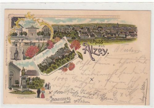 Alzey Alzey, Lithographie. Burgruine Seminar Kriegerdenkmal Gesamtansicht gelaufen, 1897. Ecken mit Albumabdrücken, leicht bügig, sonst gut erhalten