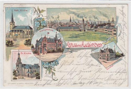 Euskirchen, Lithographie mit katholischer Kirche, evangelischer Kirche, Kreisgebäude Bahnhof gelaufen, 1901 kleiner Knick oben links und unten rechts, leichte Abschürfungen, kleiner Riß oben links, leicht fleckig