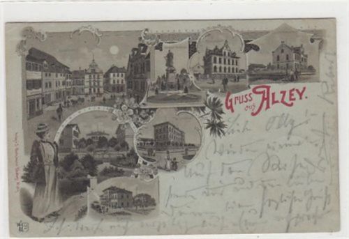 Alzey Alzey, Mondscheinlithographie. Bahnhof Seminar Volksschule Kriegerdenkmal Rossmarkt. Ecken mit Albumabdrücken, leichter Stempeldurchdruck, sonst gut erhalten
