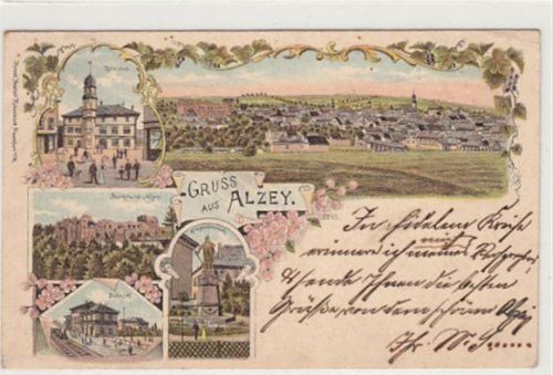 Alzey Alzey, Lithographie. Gesamtansicht Bahnhof Burgruine Rathaus Kriegerdenkmal gelaufen, 1898. Ecken mit Albumabdrücken, leicht fleckig, leicht bügig, sonst gut erhalten