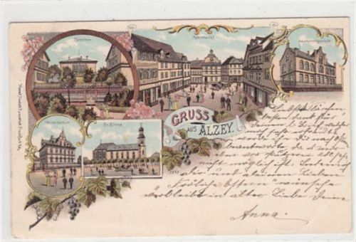 Alzey Alzey, Lithographie. evangelische Kirche Rossmarkt Seminar Winterschule gelaufen, 1899. Ecken mit Albumabdrücken, leicht bügig, kleiner Knick oben rechts, sonst gut erhalten