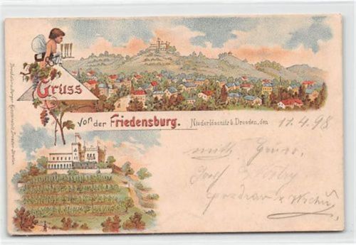 Niederlössnitz bei Dresden, Lithographie. Friedensburg Engel mit Korkenzieher gelaufen. Gute Erhaltung.