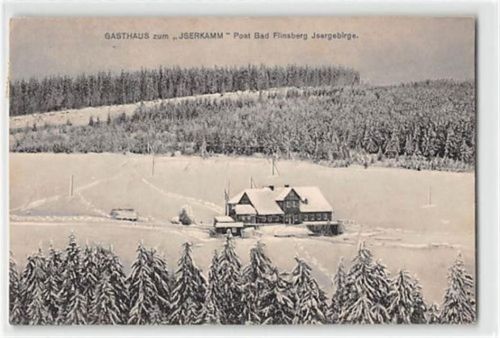 schneebedecktes Gasthaus zum Iserkamm bei Bad Flinsberg / Swieradów-Zdrój - Kreis Löwenberg / Powiat Lwówecki im Isergebirge gelaufen. Gute Erhaltung.