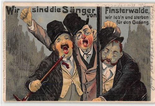 Lithographie Finsterwalde. Wir sind die Sänger von Finsterwalde. Drei betrunkene Männer beim Singen gelaufen. Gute Erhaltung.