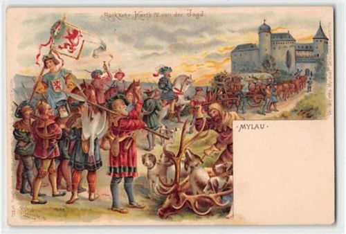 Lithographie Mylau. Rückkehr Karl´s IV. von der Jagd ungelaufen Leicht fleckig, sonst gut erhalten