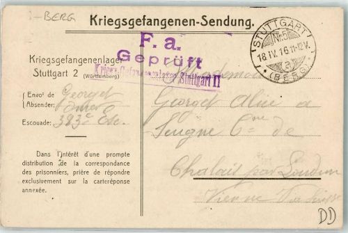 Stuttgart 1916 Kriegsgefangenenpost Georget
