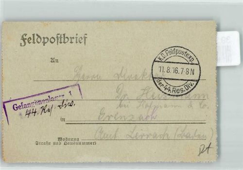 1916 Kriegsgefangenenpost Gefangenenlager 44