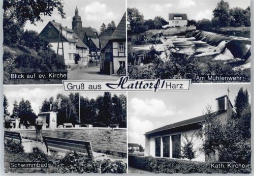 37197 W3420 Hattorf am Harz - Kirche, Mühlenwehr, Schwimmbad