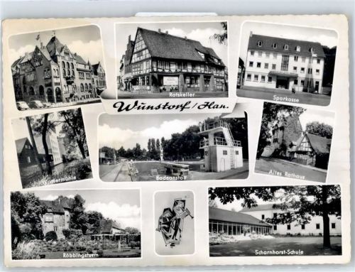Wunstorf Wassermühle, Rathaus, Ratskeller, Sparkasse, Schwimmbad, Scharnhorst-Schule, Röbbingsturm