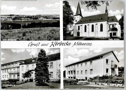 59519 W4773 Körbecke , Möhnesee - Gesamtansicht, Krankenhaus, Kriche