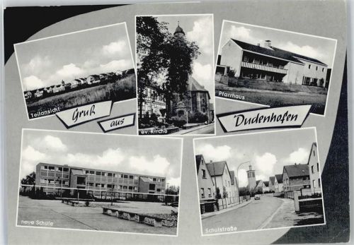 63110 W6054 Dudenhofen , Kr Offenbach am Main - Schule, ev. Kirche, Pfarrhaus, Schulstraße