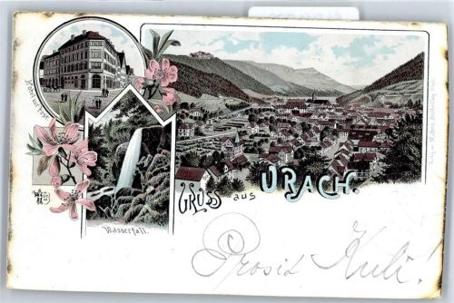78147 W7741 Urach , Baden - Kirche, Ortsansicht, Wasserfall, Hotel zur Post