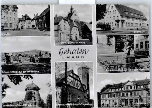 Gehrden Steintor, Gesamtansicht, Windmühle, Steinweg, Ev. Kirche, Burg, Sparkasse, Brunnen am Markt, Franzburg