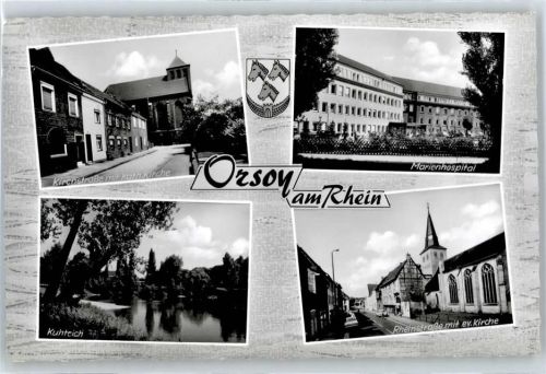 47495 W4134 Orsoy , Niederrhein - Kirchstraße, Kirche, Kuhteich, Marienhospital, Rheinstraße