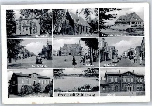 Bredstedt Mittelschule, Kirche, Landwirtschaftsschule, Bahnhofstraße, Rathaus, Osterstraße, Kreisberufsschule, Bahnhof