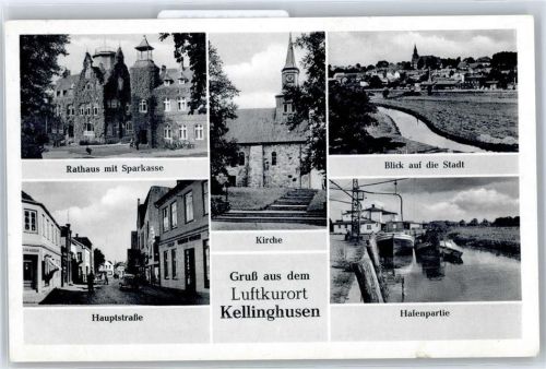 25548 W2217 Kellinghusen - Rathaus, Sparkasse, Hauptstraße, Kirche, Teilansicht, Hafen