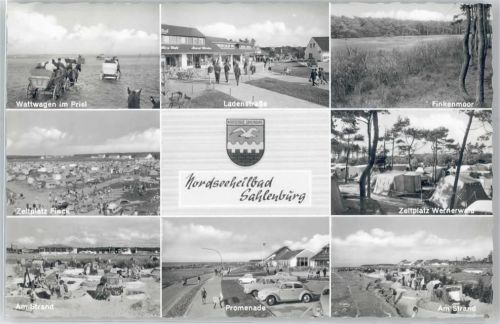 Sahlenburg Wattwagen im Priel, Ladenstraße, Finkenmoor, Zeltplatz Wernerward, Zeltplatz Finck, Strand, Promenade, Wappen