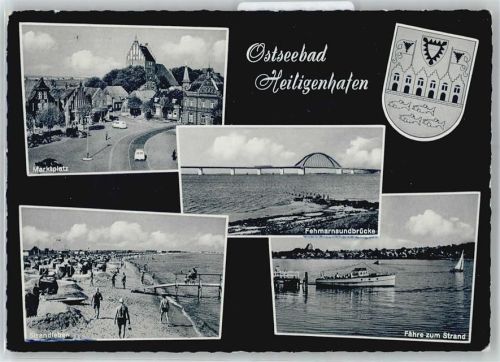 23774 W2447 Heiligenhafen , Holst Gebrauchsspuren Marktplatz, Wappen, Fehmarnsundbrücke, Strand, Fähre