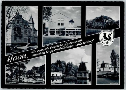 42781 W5657 Haan , Rheinl - Rathaus, Stadtsparkasse, Wappen, Kaiserstraße, Heidberger Mühle, Kirche