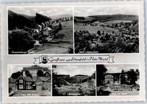 Altenfeld Masserberger Straße, Blick vom Königswald, Park am Markt, Schwimmbad, Haus des Volkes, Wappen